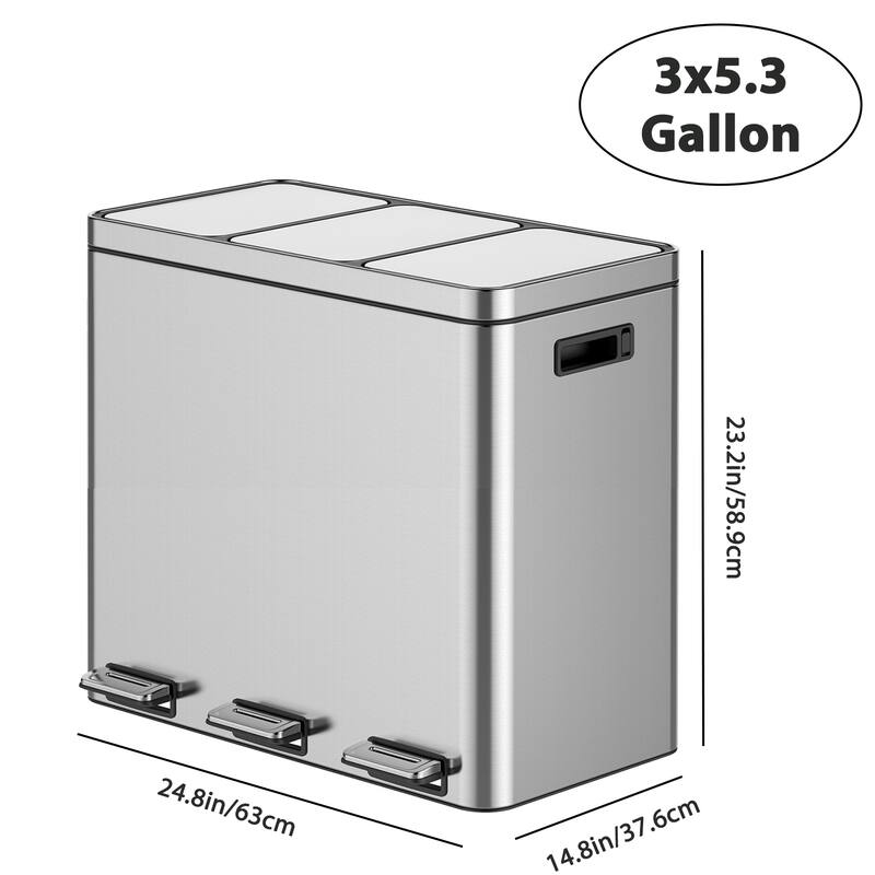 Kitchen Trash Can, 3x5.3 Gallon Garbage Can with Removable Inner Buckets, Step On Pedal