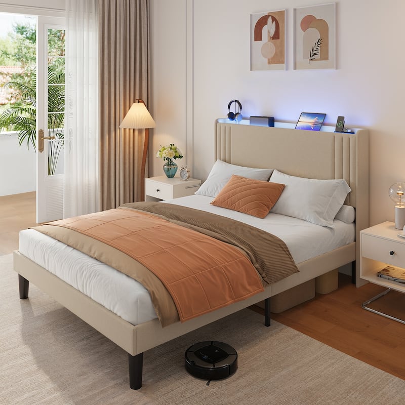 Queen/ Full Vertical Channels Upholstered Bed with Wingback Headboard