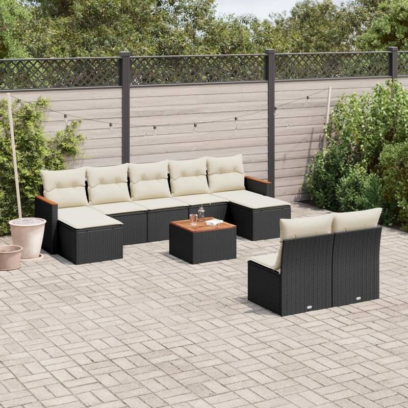 vidaXL Patio Sofa Set with Cushions Outdoor Conversation Furniture Poly Rattan - Black and cream with table