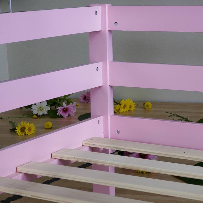Solid Rubber Wood Twin Over Twin Floor Bunk Bed with Ladder, Low Height Design and Strengthened Slat Support