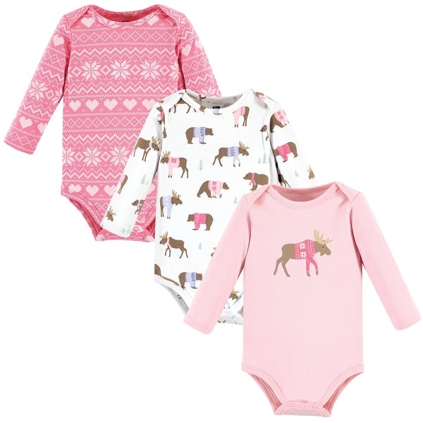 slide 1 of 1, Hudson Baby Infant Girl Cotton Long-Sleeve Bodysuits, Pink Moose Bear 0-3 Months - Pink Moose Bear