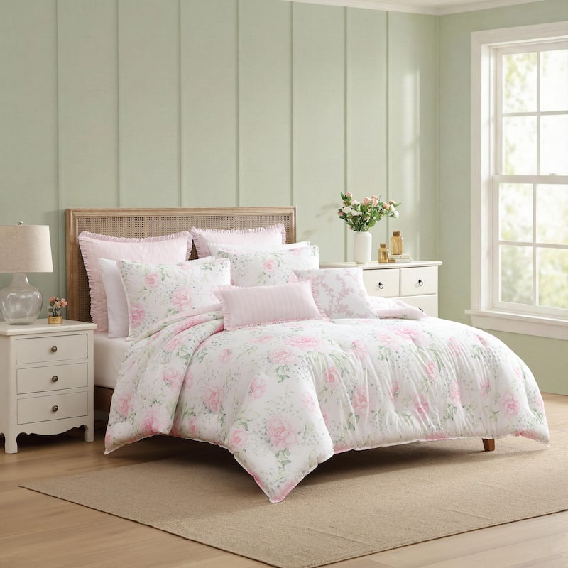 Laura Ashley Serenity Roses Floral Cotton Comforter Set Reversible (Pink)