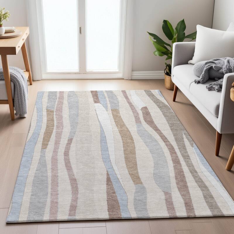 Machine Washable Indoor/Outdoor Modern Stripes Chantille Rug