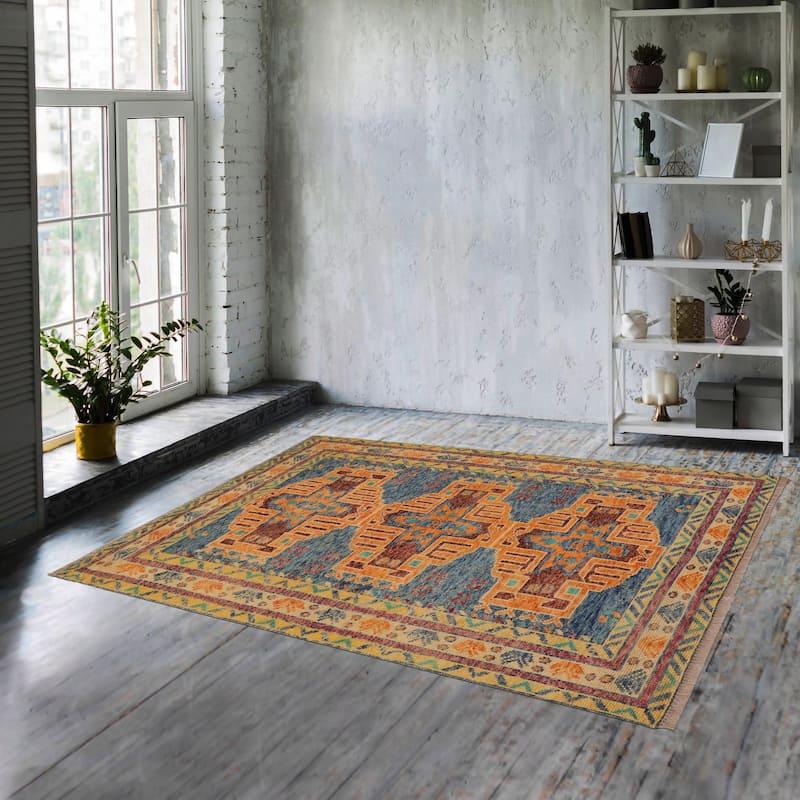 Rustic Balochi Burnett Blue/Beige Hand Knotted Wool Rug - 3'11'' x 6'0''
