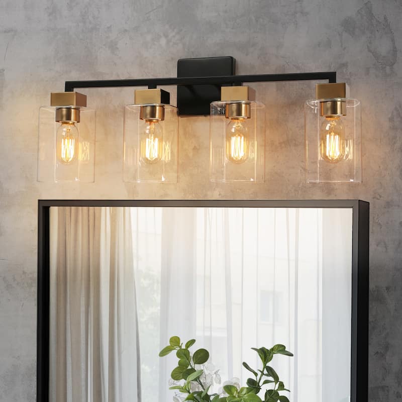 Caylin Mid-Century Modern Black Gold 4-Light Square Bathroom Vanity Lights Dimmable Wall Sconces - 25"L x 5.5"W x 10"H