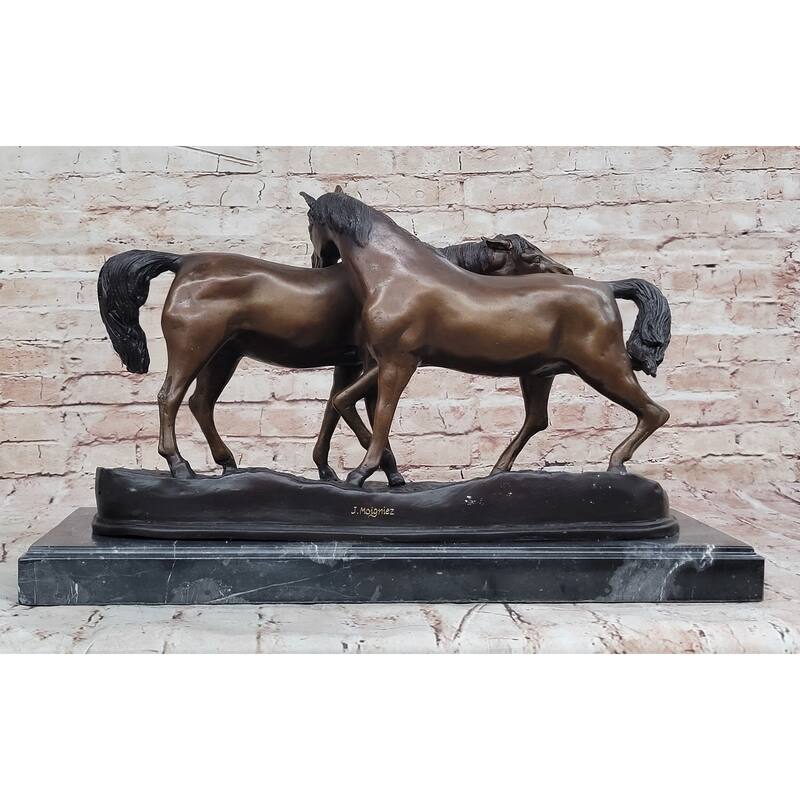 Bronze Horses Sculpture – Pair Of Grazing Stallions Statue On Marble Base