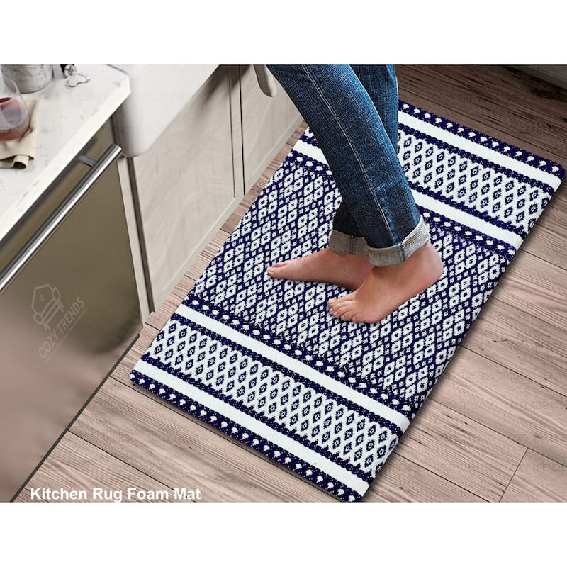 Woven Cotton Anti Fatigue Cushioned Kitchen | Doormat | Bathroom 18" x 30" Mats With Foam Backing Anti Slip - 18''x30'' - Navy White