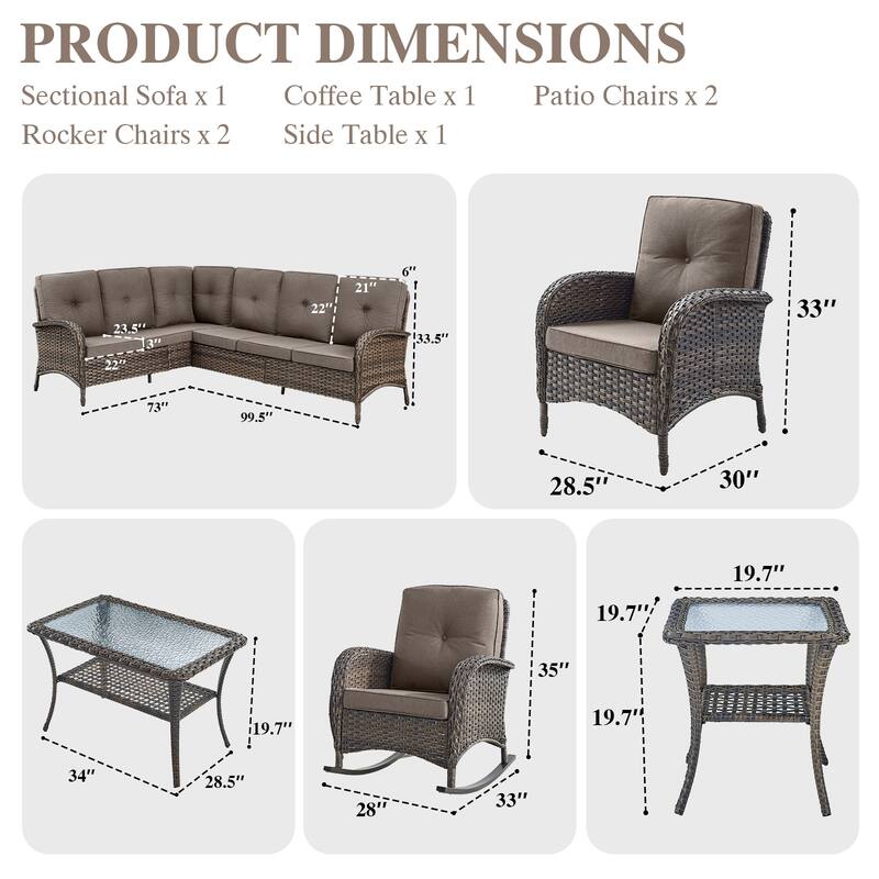 Patio Sectional Sofa Chairs with Rocking Chairs Set