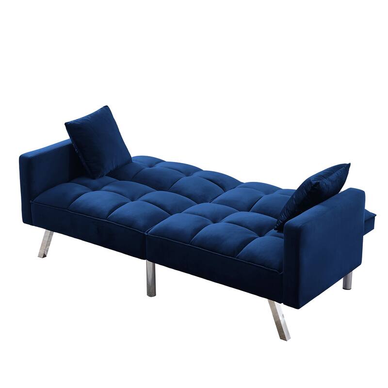 Velvet Futon Sofa Bed with Two Pillows, Convertible Sleeper Sofa Couch with 3 Angle Adjustable Backrest, Modern Loveseat