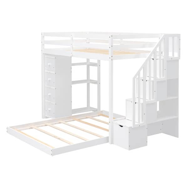 slide 2 of 16, Multifunctional Twin Over Full Bunk Bed with 3-layer Shelves, Drawers and Storage Stairs