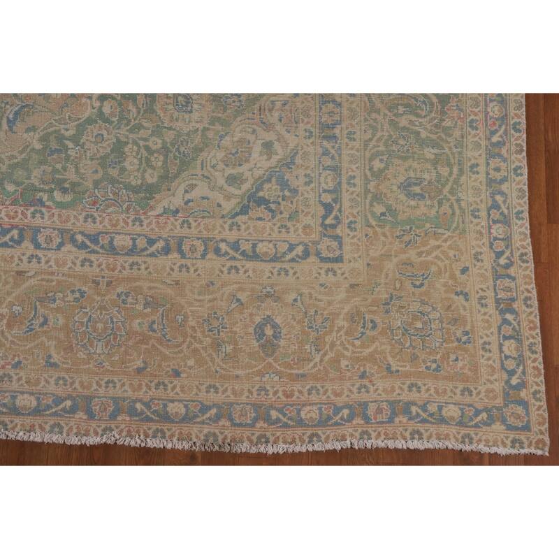 Muted Distressed Kashan Persian Antique Rug Hand-knotted Wool Carpet - 9'3" x 13'4"