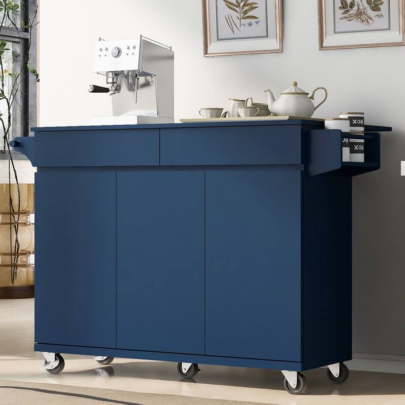Rolling Kitchen Island Cart on Wheels with Adjustable Shelves, 2 Drawers, and Spice Rack - Navy Blue