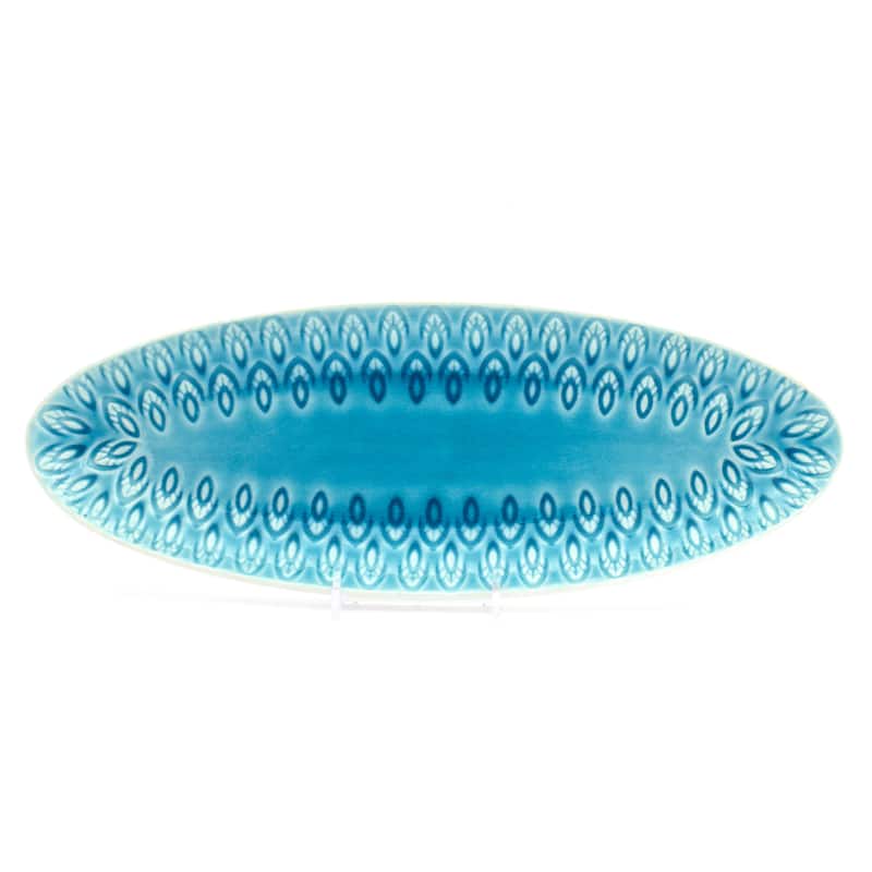 Euro Ceramica Peacock 13" Oval Crackle-Glazed Appetizer Platter - 13.63 in. x 4.81 in. x 1.38 in. - Turquoise