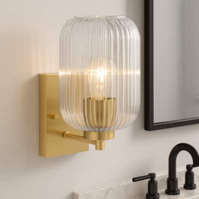 Acroma Brass Wall Light with Ribbed Glass Shade
