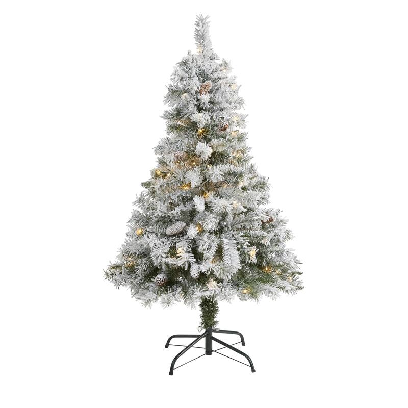 4ft. Flocked Pine Artificial Christmas Tree with Pinecones & 100 Clear LED Lights - Charming Winter Holiday X-Mas Tree