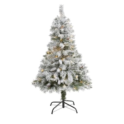 4ft. Flocked Pine Artificial Christmas Tree with Pinecones & 100 Clear LED Lights - Charming Winter Holiday X-Mas Tree