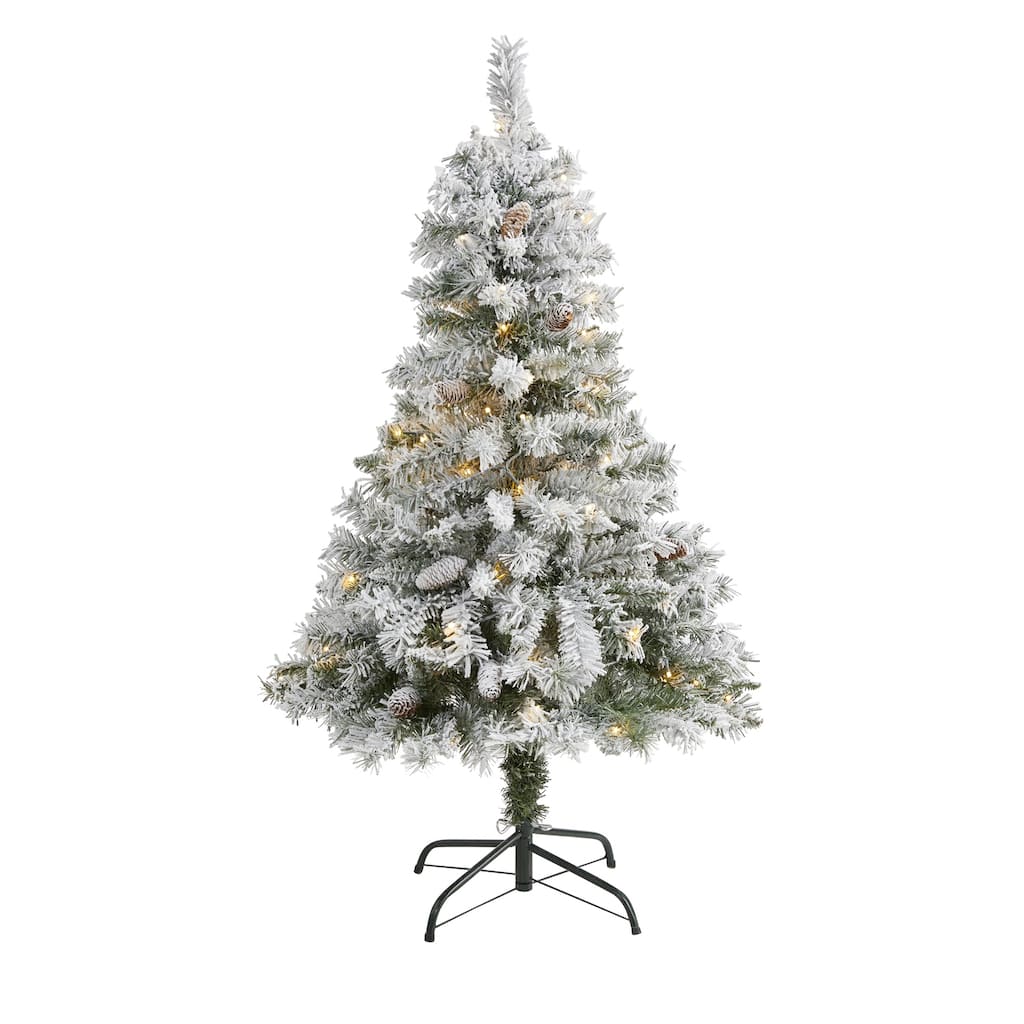 4ft. Flocked Pine Artificial Christmas Tree with Pinecones & 100 Clear LED Lights - Charming Winter Holiday X-Mas Tree
