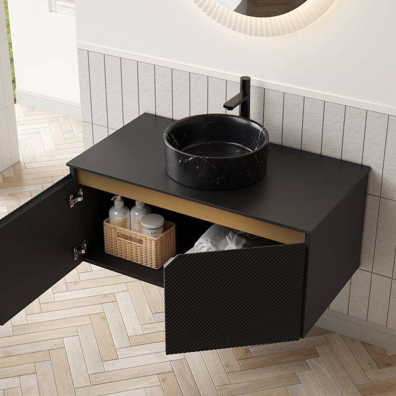 30"/36"/48" Floating Bathroom Vanity with Vessel Sink, Wall Mounted Sintered Stone Countertop Bathroom Storage Cabinet