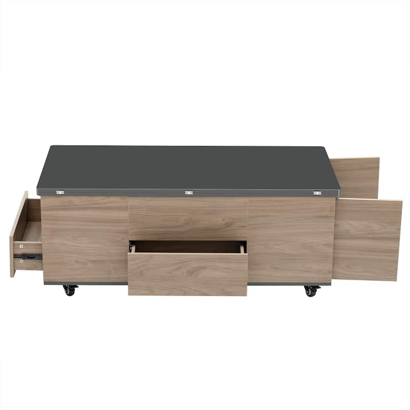 Modern Lift Top Coffee Table with 3 Drawers and Lockable Universal Wheels