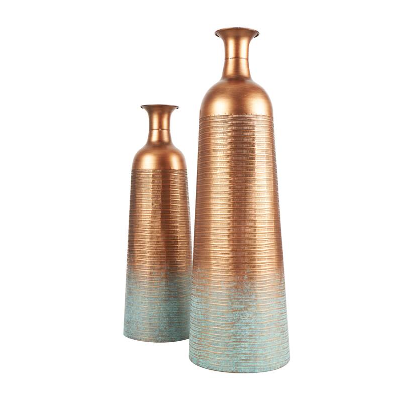 Metal Ribbed Textured Vase with Distressed Teal Accents - Set of 2 Copper - Roche River Decor - 9"W x 9"L x 29"H