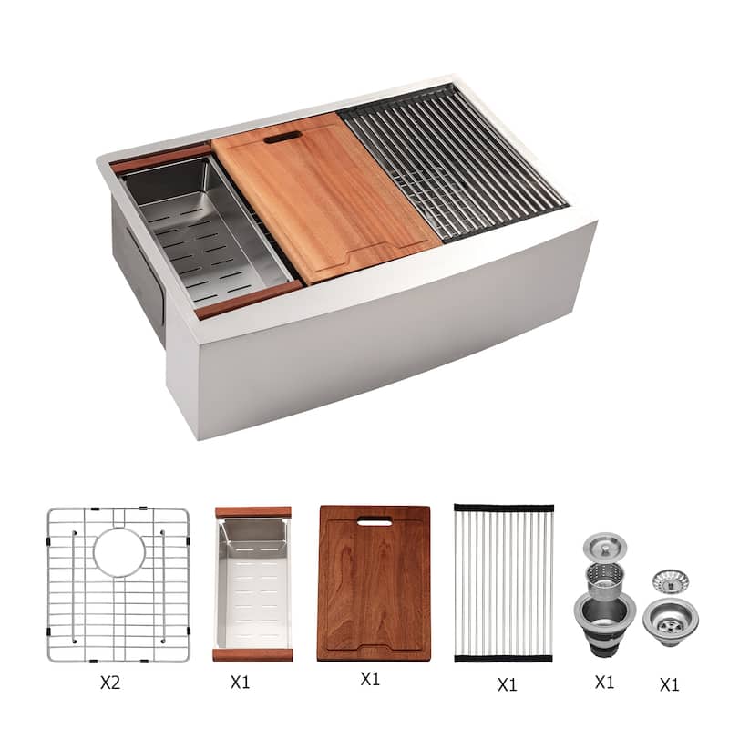 33" Apron Front Ledge Workstation Low Divide Double Bowl 50/50 16 Gauge Stainless Steel Farm Kitchen Sink - 33'' x 22" x 10''