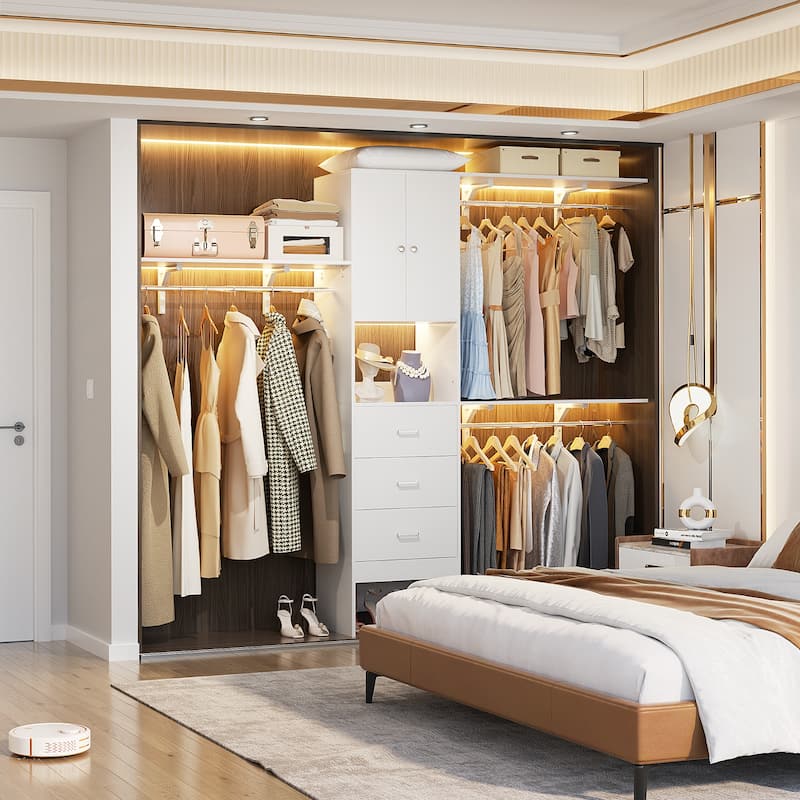 20''-96'' Wide Wooden Closet Organizer With Doors, Adjustable Closet System with Drawers and Hanging Rods