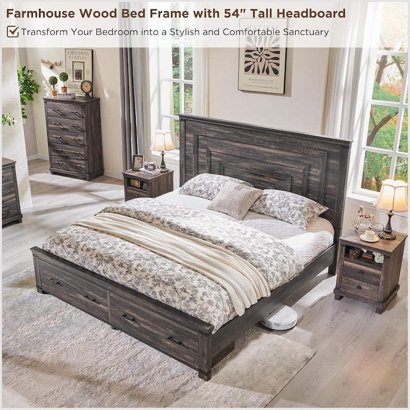 Farmhouse Wood Bed Frame with 54" Tall Headboard, 2 Large Drawers