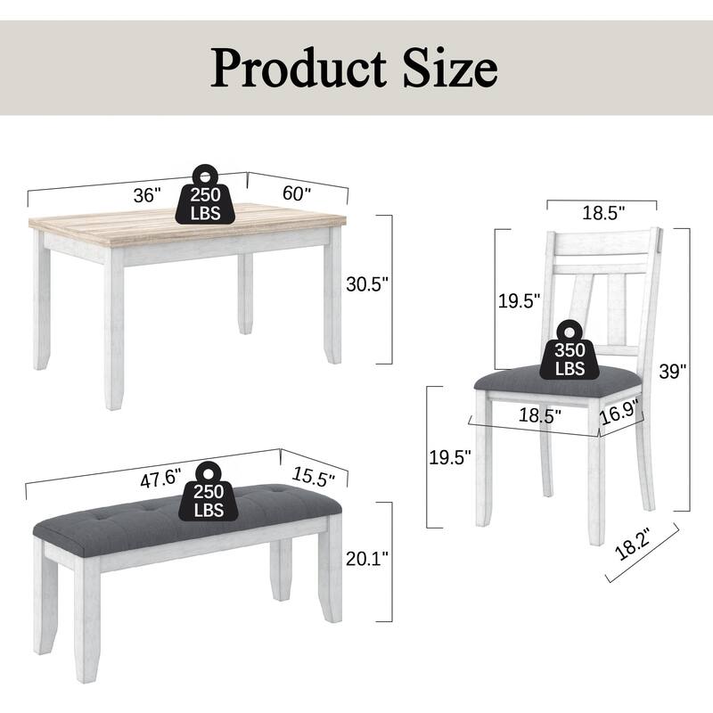 Javlergo 6 Piece Dining Table Set with Bench, Solid Wood Kitchen Table Set with 4 Upholstered Chairs and Bench for Kitchen