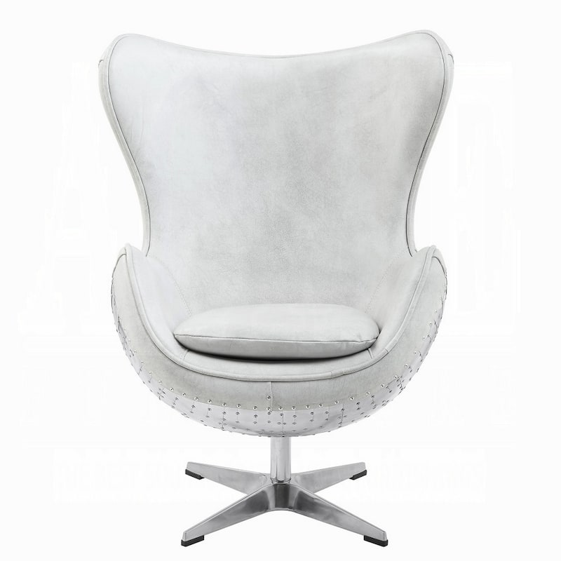 Bran Egg Chair with Swivel, Riveted Metal, White Top Grain Leather