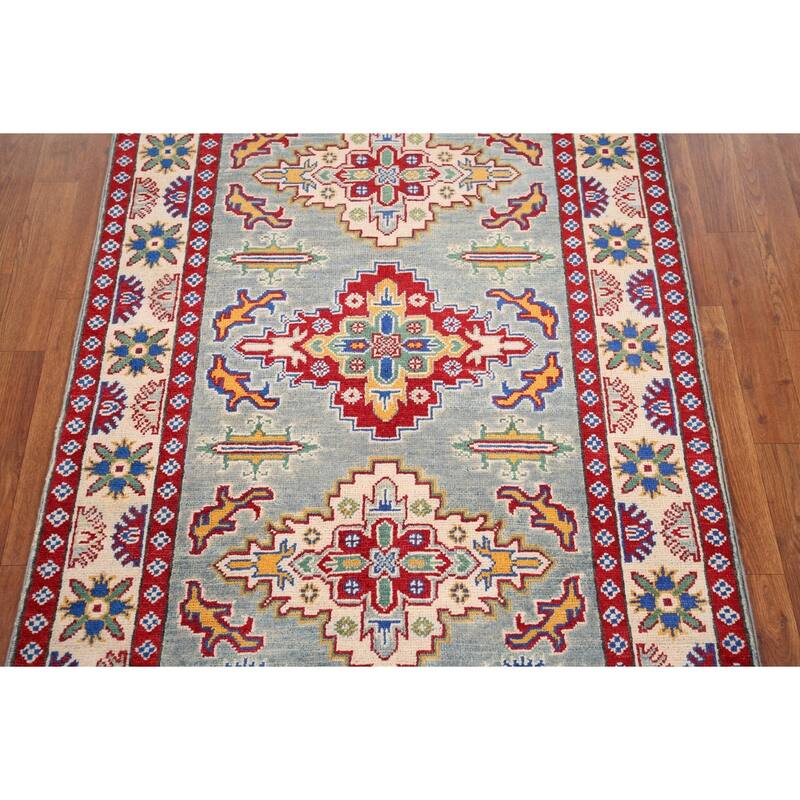 Geometric Kazak Foyer Rug Hand-Knotted Blue Wool Carpet - 3'4" x 4'9"