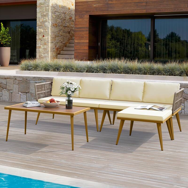 Moasis 4-Piece Outdoor Patio Conversation Set Wicker Sectional L-Shaped Sofa with Cushions and Side Table - Beige