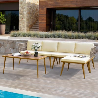Moasis 4-Piece Outdoor Patio Conversation Set Wicker Sectional L-Shaped Sofa with Cushions and Side Table