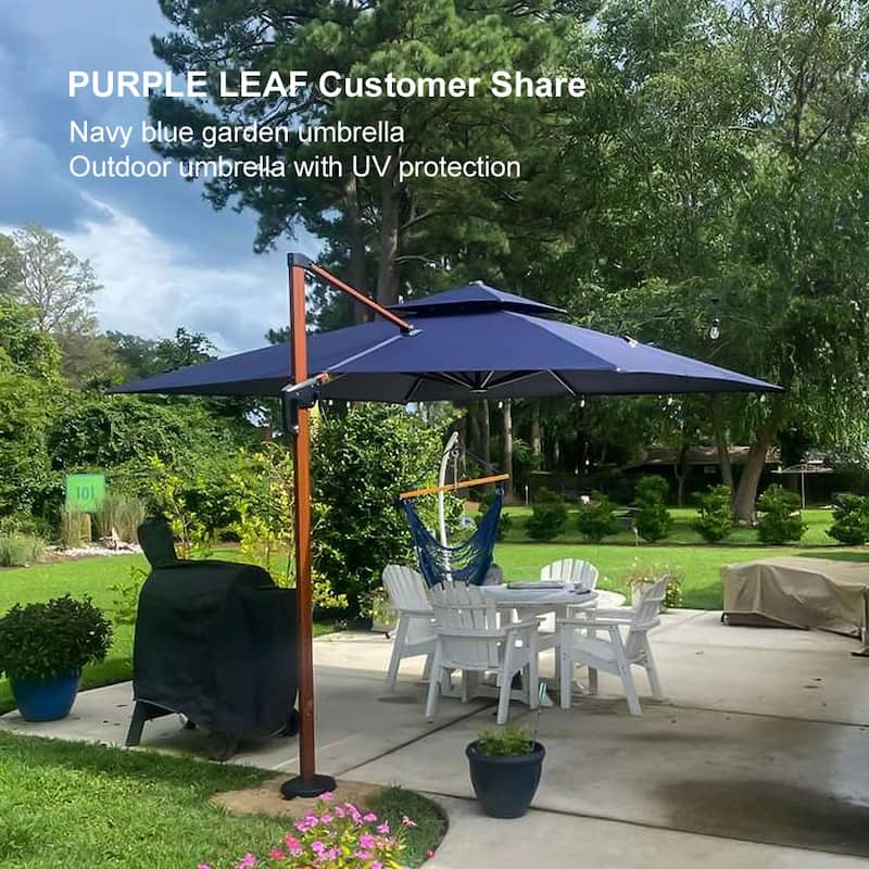 PURPLE LEAF 11ft Square Wood Pattern Patio Cantilever Umbrella with Base