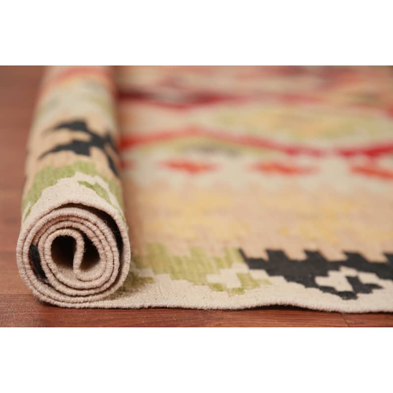Geometric Kilim Oriental Area Rug Hand-Woven Tribal Wool Carpet - 8'0"x 11'3"