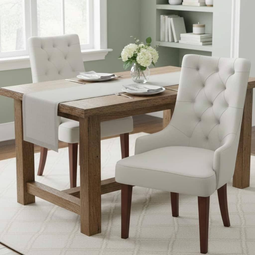 Spruce High-back Leather/Velvet Upholstered Dining Chair with Diamond-Tufted Backrest and Rubberwood Walnut Legs (Set of 2)