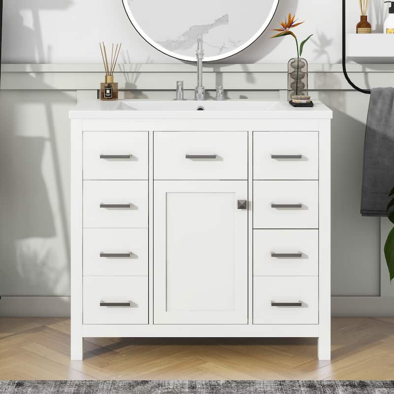 36" Modern Bathroom Vanity Cabinet with Multifunctional storage space - 5 Drawers and 1 Door - White