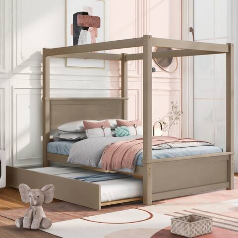 Modern Light Brown Wood Canopy Bed with Trundle Bed, Full Size Canopy Platform Bed with Support Slats No Box Spring Needed