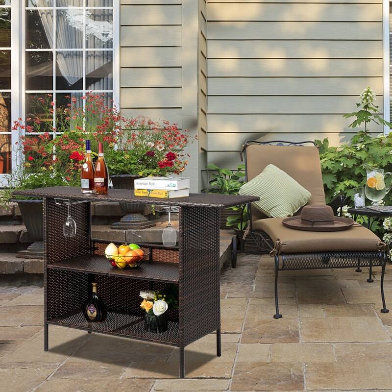 Patio Wicker Bar Table with Cup Holder