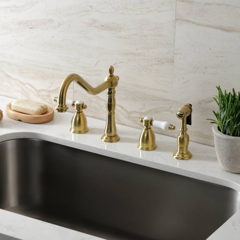 Kingston Brass Heritage Porcelain Kitchen Faucet with Side Spayer - 16'' (L) x 9-1/16'' (W) x 9-3/8'' (H)