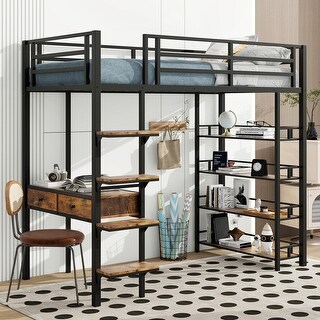 Black Twin Size Metal Loft Bed with Desk, Ladder, Fence, and Shelves for Kids