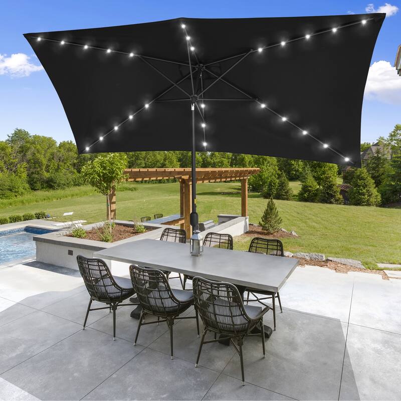LIVOOSUN Patio LED 10 x 6.5Ft Market Umbrella Aluminum/Steel Outdoor Table Rectangle Umbrella with Tilt - Black