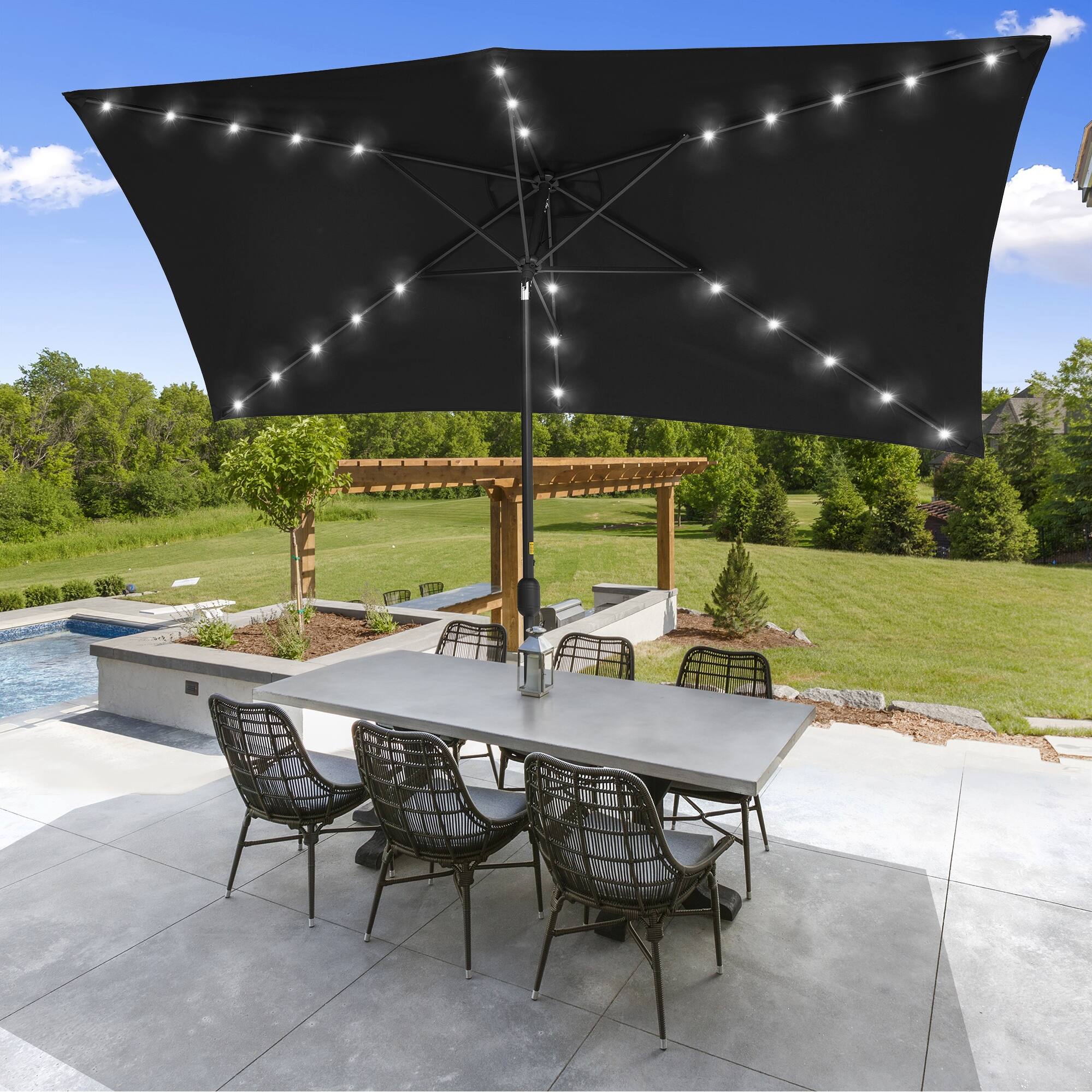 10x6.5ft rectangle outdoor patio beach market aluminium umbrella sun stand Yaheetech 6.5x10FT w/Solar Lights & Easy Tilt, Tan The 10 x 6.5 feet large canopy is enough to shade a dining table and 4 Rectangular Patio Umbrella 10x6.5ft Crank