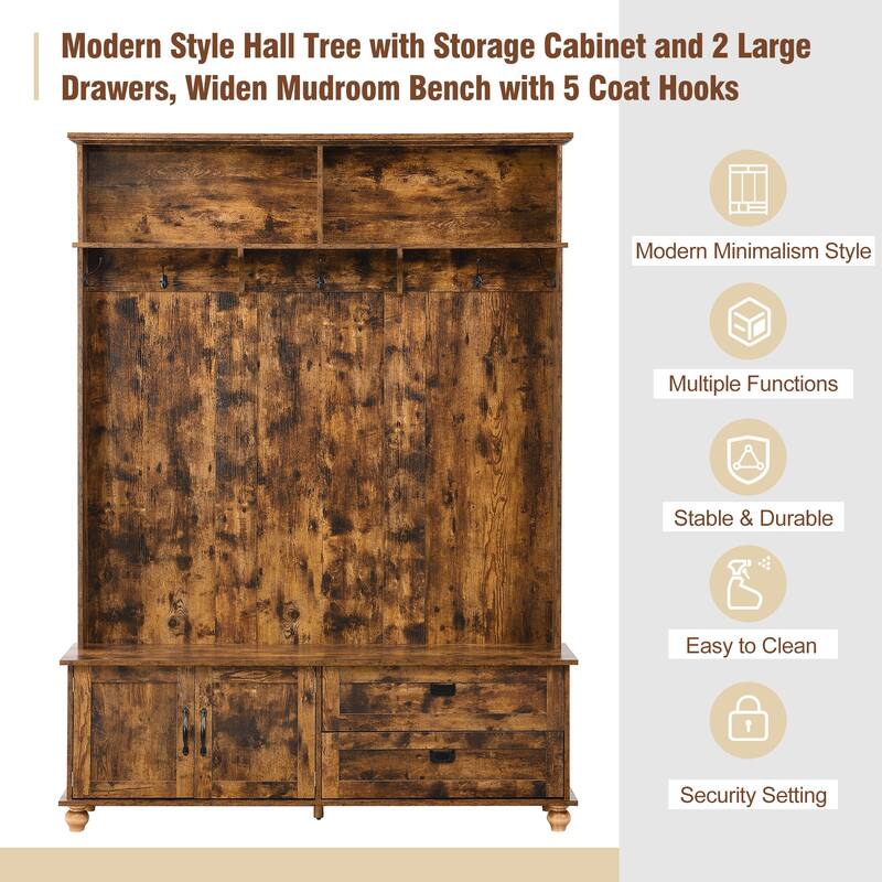 Modern Hall Tree with Storage and 2 Large Drawers, Widen