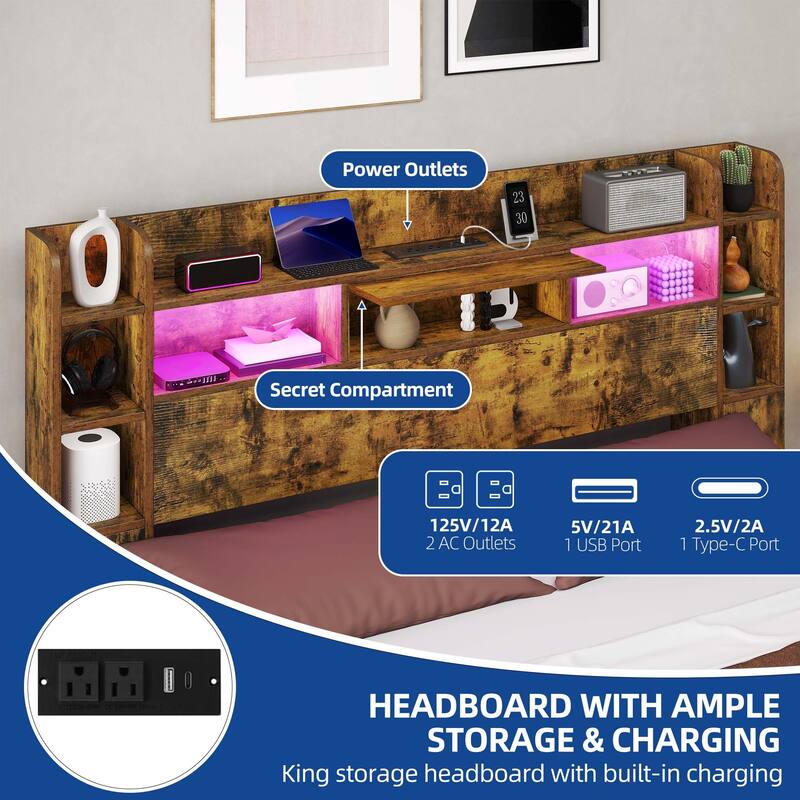 Queen/King Size LED Bed Frame with Bookcase Headboard, 4 Storage Drawers and Charging Station