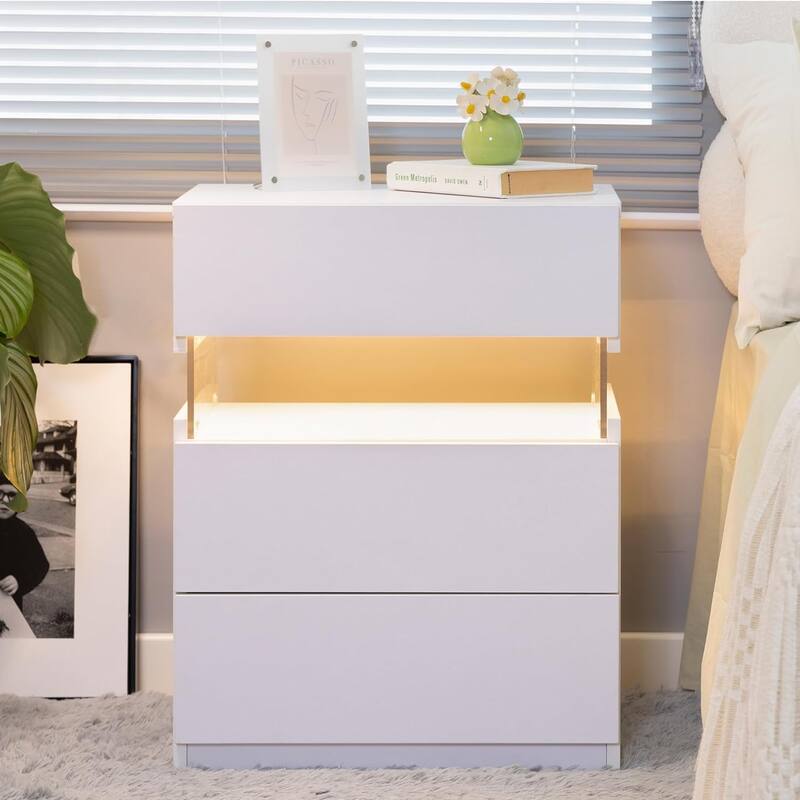 White LED Nightstands with Acrylic Board and RGB LED Light - Modern End Table for Bedroom