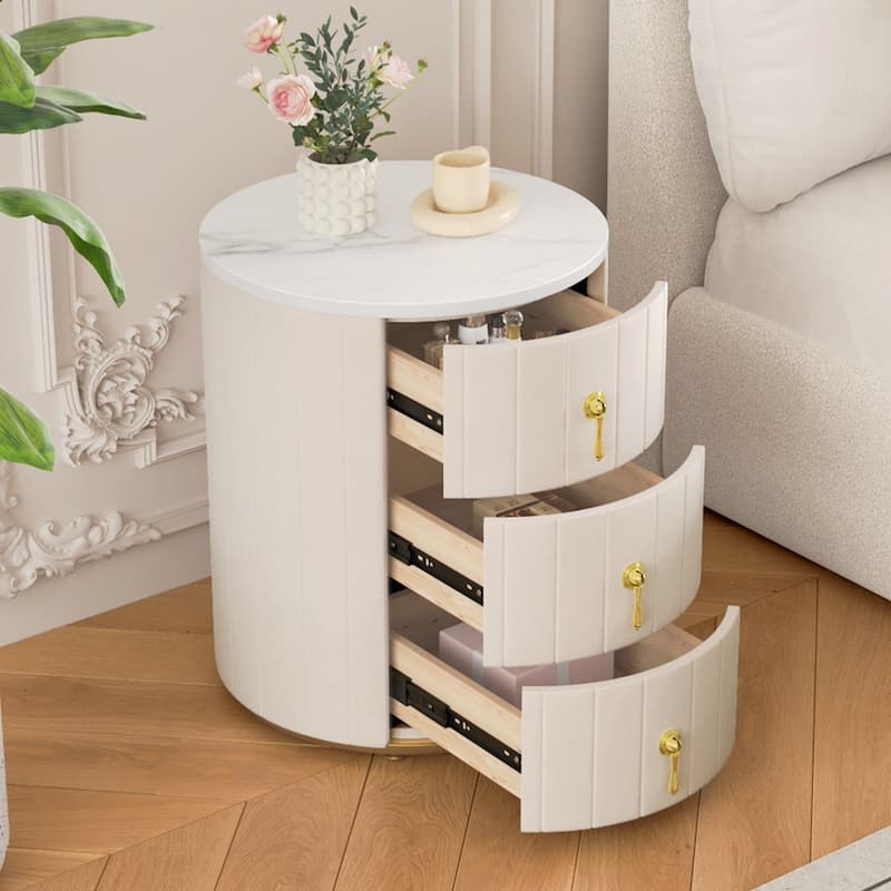 Round Bedside Upholstered Nightstand with 3 Drawers