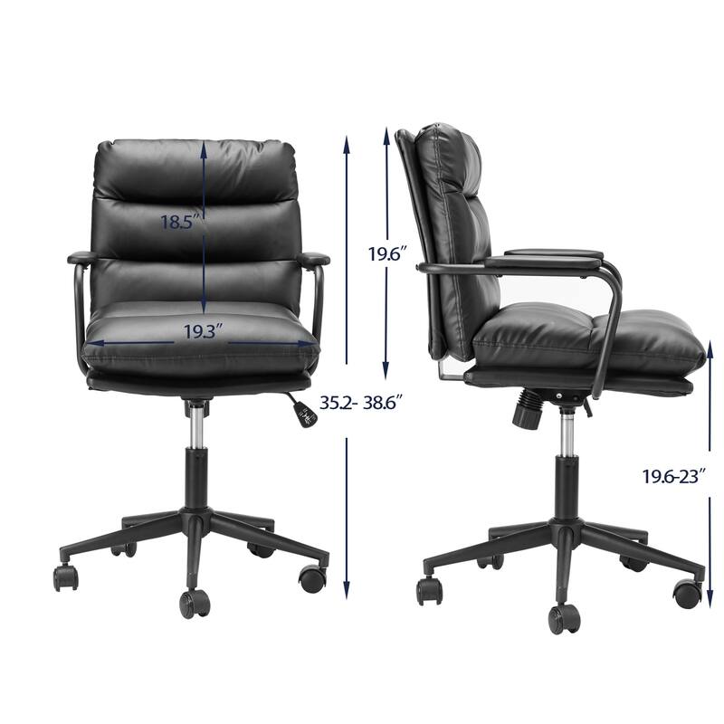 Black Mid Back Leather Office Chair with Arms and Wheels for Home Office