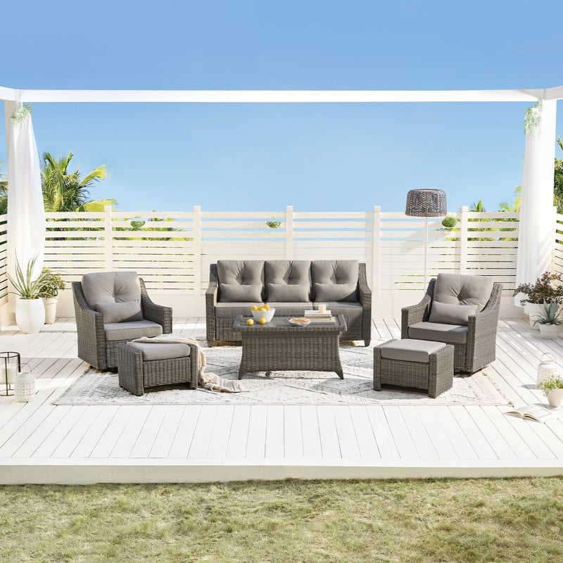 Murphy Outdoor Wicker Patio Outdoor Sofa Swivel Chair Coffee Table