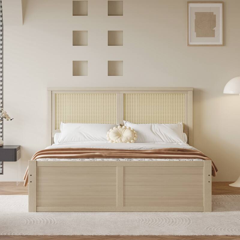 Harper&Bright Designs Rattan Headboard Storage Platform Bed with 4 Drawers