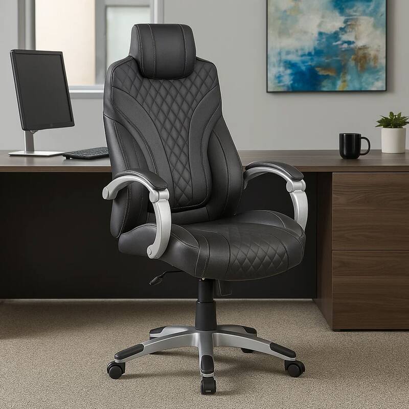 Kelly Rolling Executive Armchair, Black Stitched-Back Caressoftplus